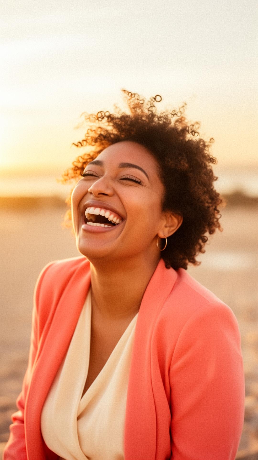 Woman laughing in golden hour light, embodying confident joy