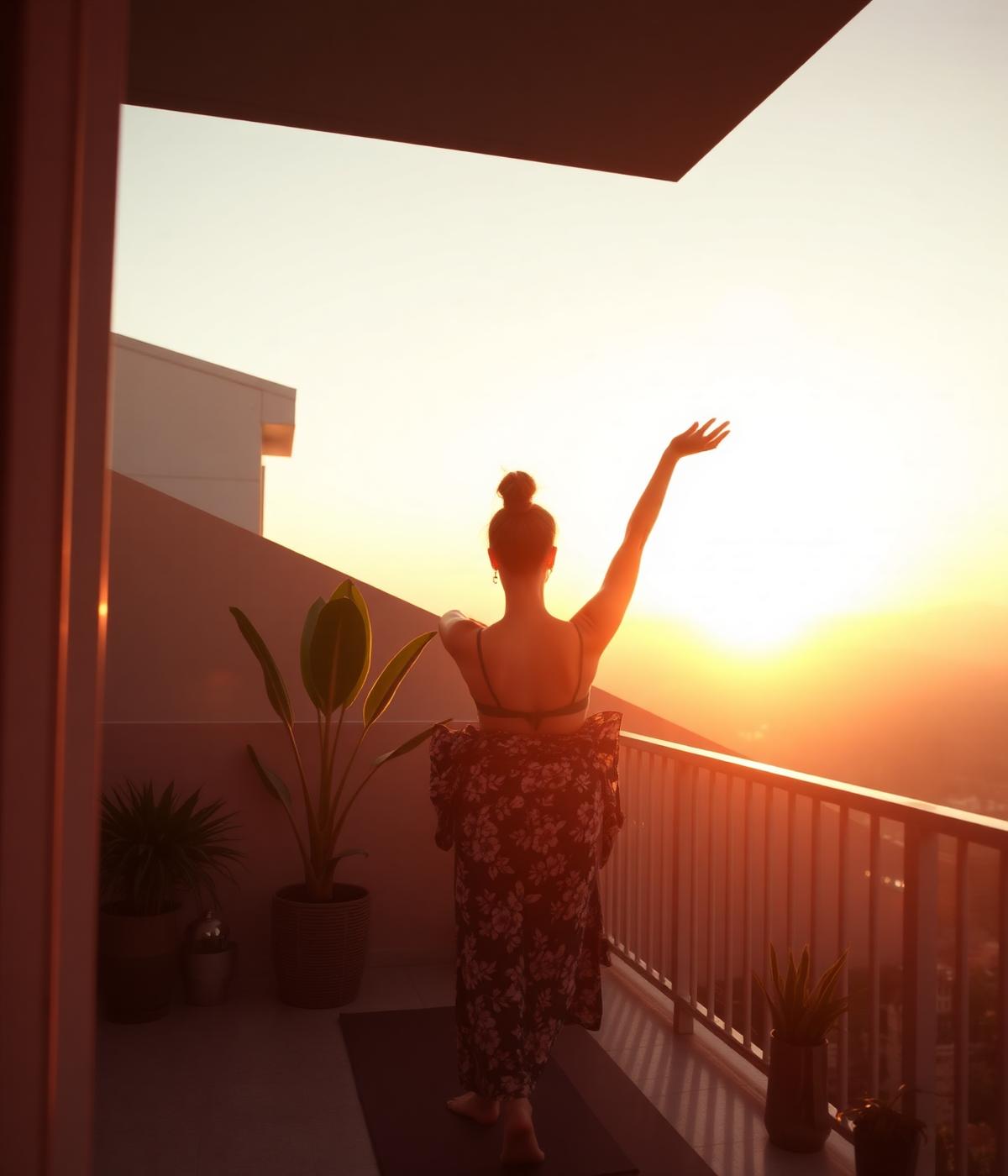 Woman stretching at sunrise on a balcony